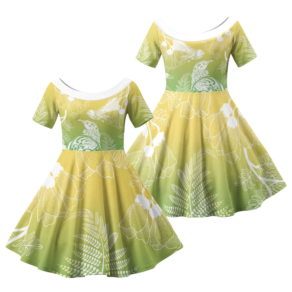 Aotearoa Maori Mahuru Tui With Pikawakawa Family Matching Off The Shoulder Long Sleeve Dress and Hawaiian Shirt Spring Time LT7 Daughter's Dress Green - Polynesian Pride