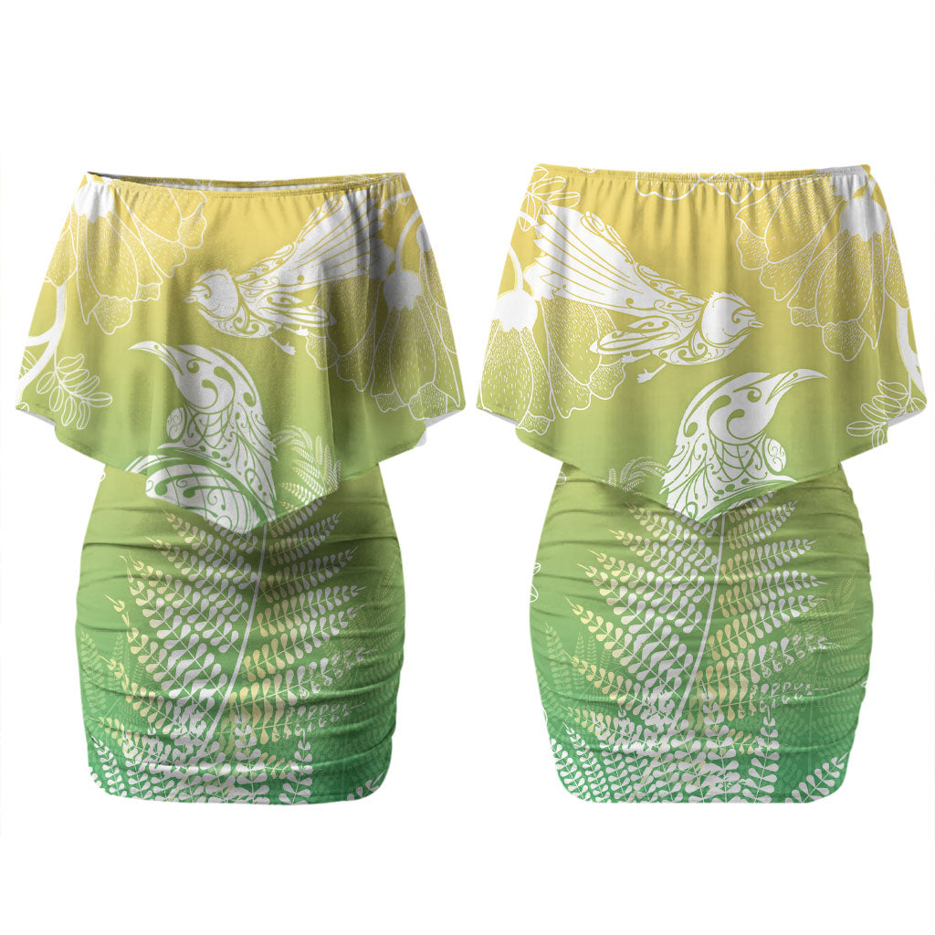 Aotearoa Maori Mahuru Tui With Pikawakawa Family Matching Off Shoulder Short Dress and Hawaiian Shirt Spring Time LT7 Mom's Dress Green - Polynesian Pride