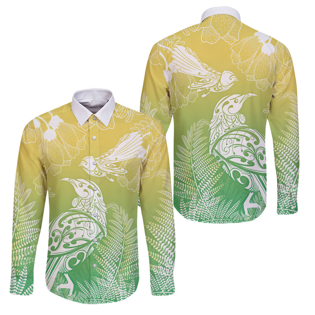Aotearoa Maori Mahuru Tui With Pikawakawa Family Matching Tank Maxi Dress and Hawaiian Shirt Spring Time LT7 Dad's Shirt - Long Sleeve Green - Polynesian Pride