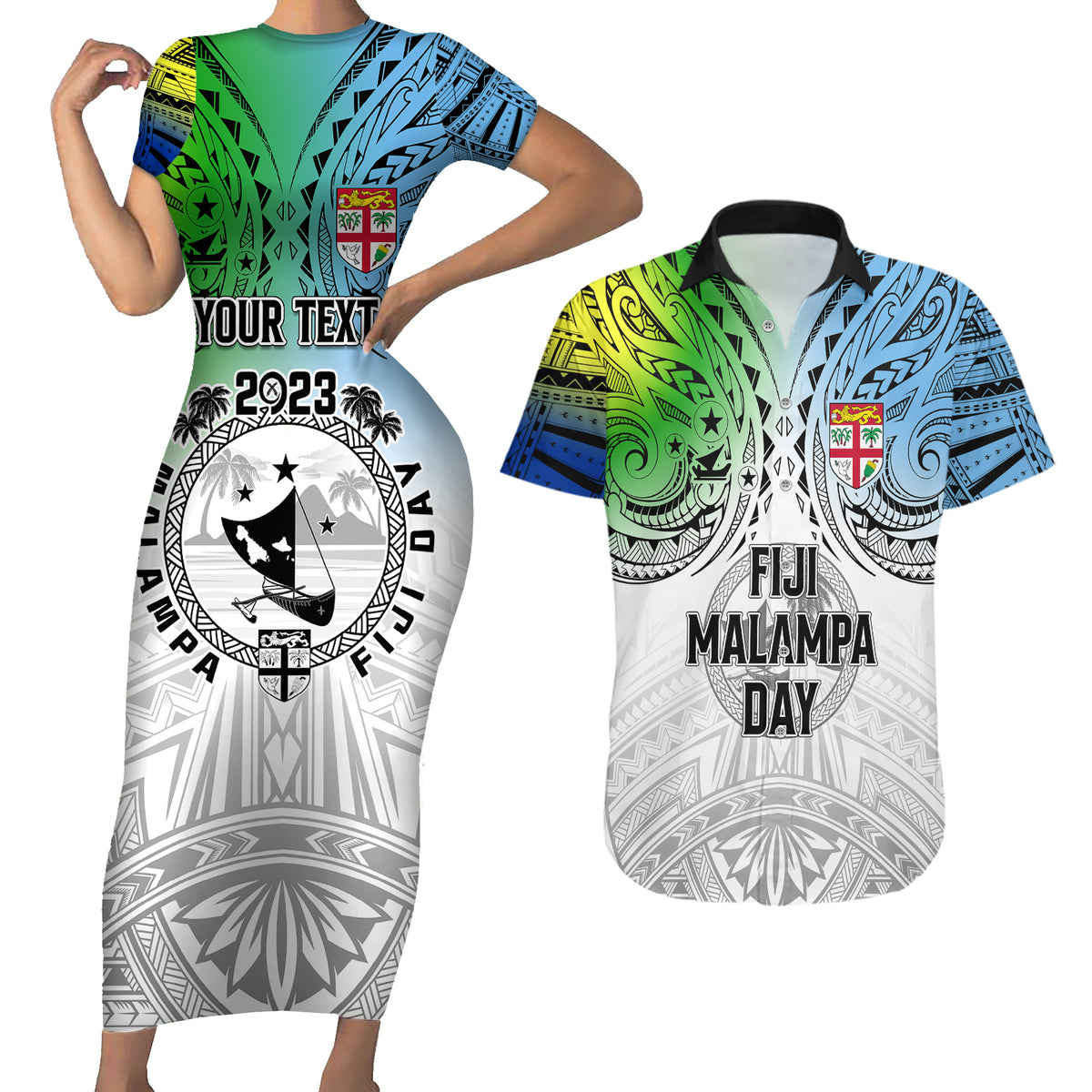 personalised-malampa-fiji-day-couples-matching-short-sleeve-bodycon-dress-and-hawaiian-shirt-gradient-style