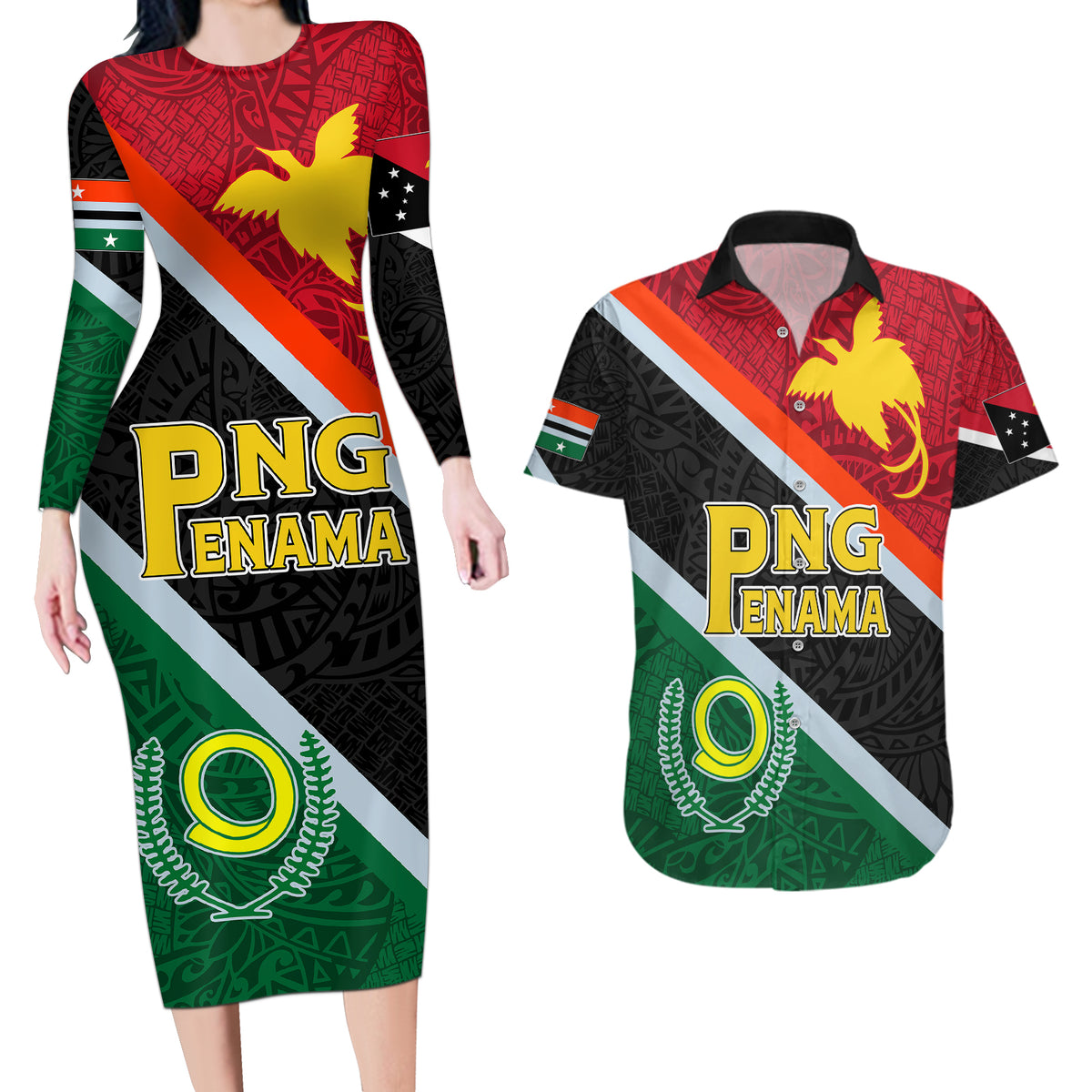 Personalised Penama and Papua New Guinea Day Couples Matching Long Sleeve Bodycon Dress and Hawaiian Shirt Emblem Mix Style LT7 Colorful - Polynesian Pride