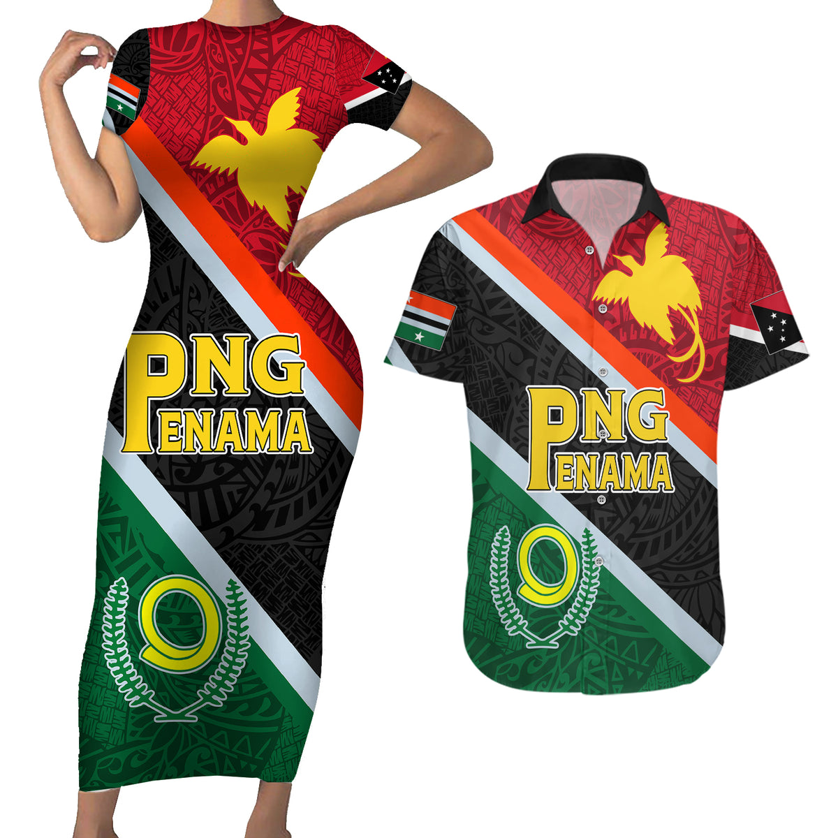 Personalised Penama and Papua New Guinea Day Couples Matching Short Sleeve Bodycon Dress and Hawaiian Shirt Emblem Mix Style LT7 Colorful - Polynesian Pride