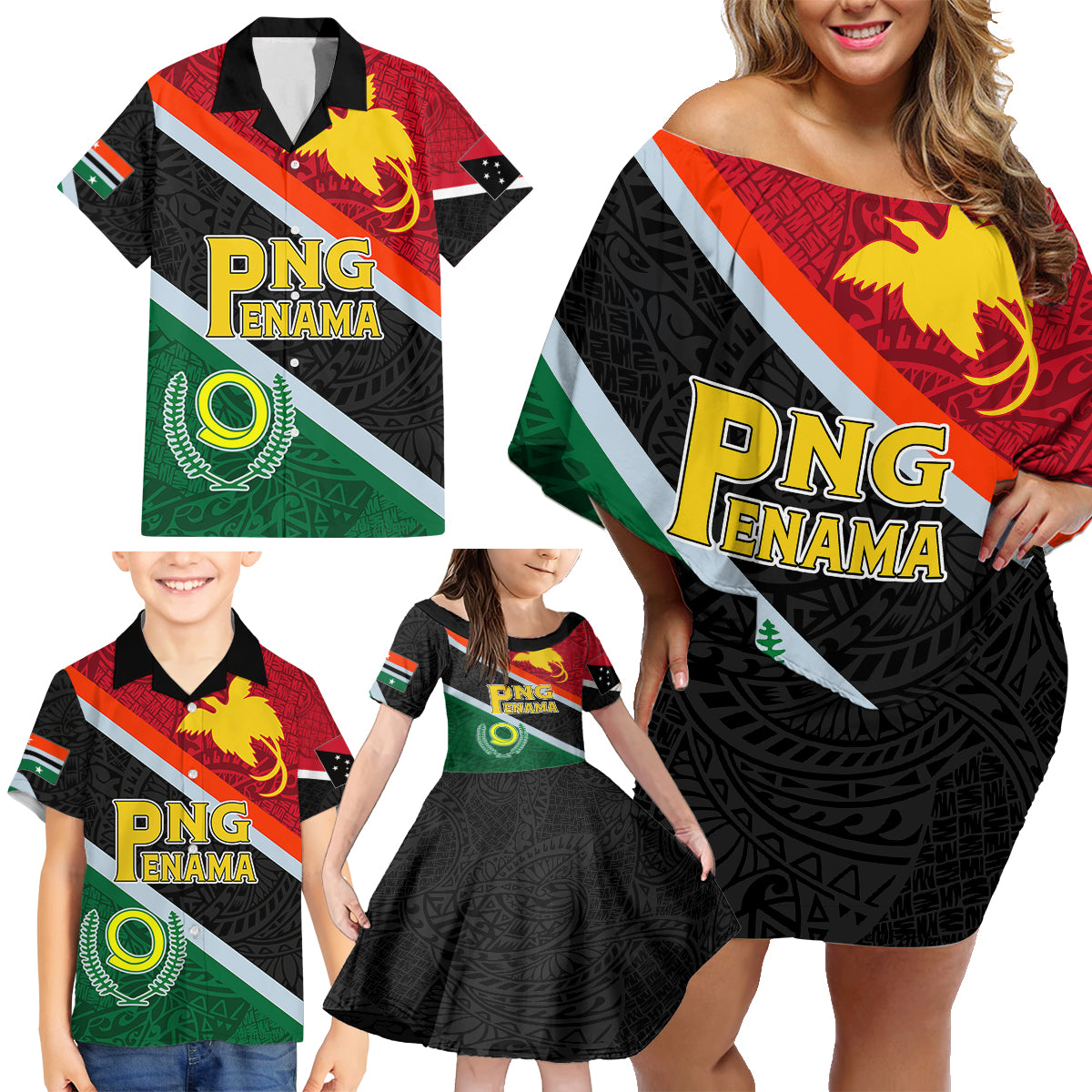 Personalised Penama and Papua New Guinea Day Family Matching Off Shoulder Short Dress and Hawaiian Shirt Emblem Mix Style LT7 - Polynesian Pride