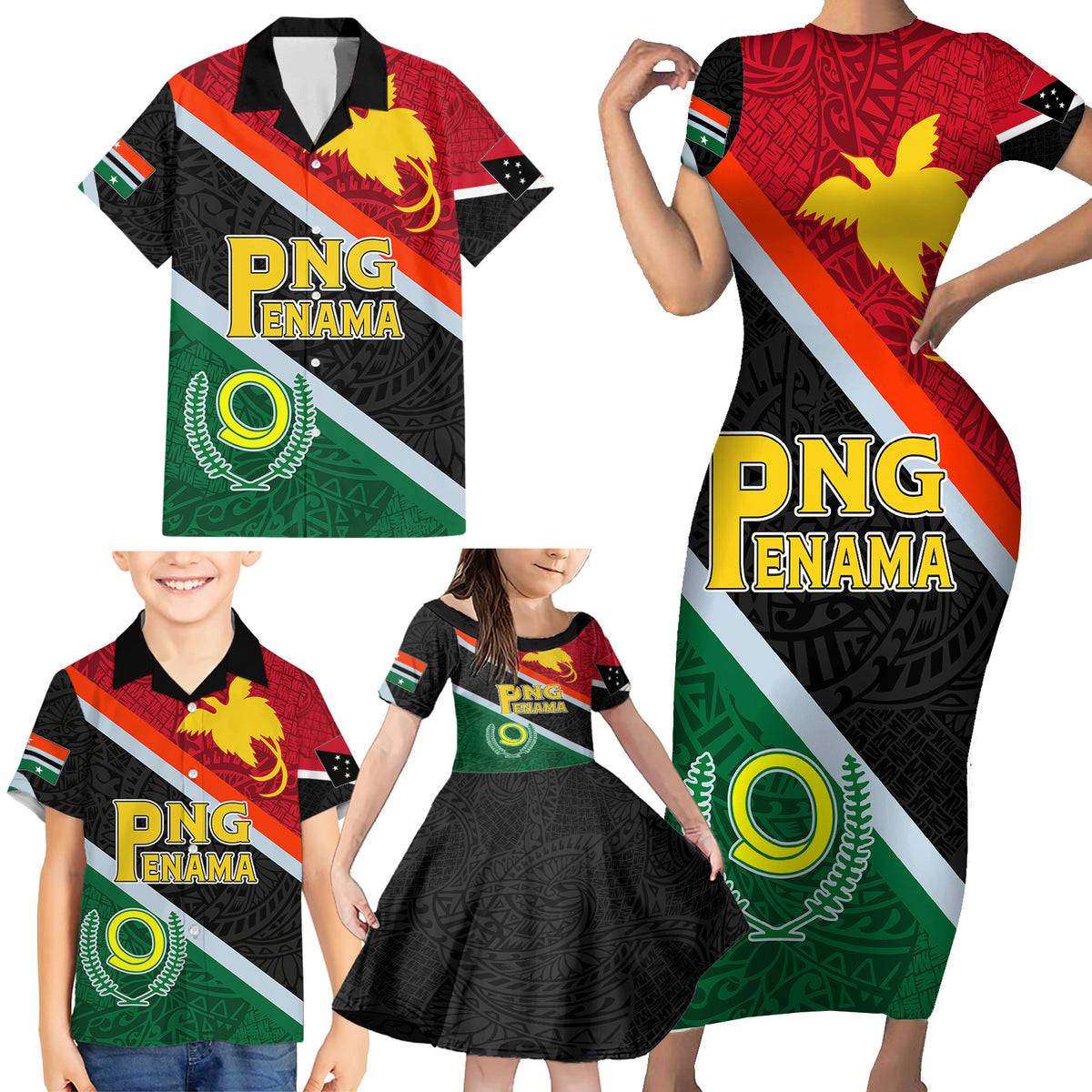 Personalised Penama and Papua New Guinea Day Family Matching Short Sleeve Bodycon Dress and Hawaiian Shirt Emblem Mix Style LT7 - Polynesian Pride