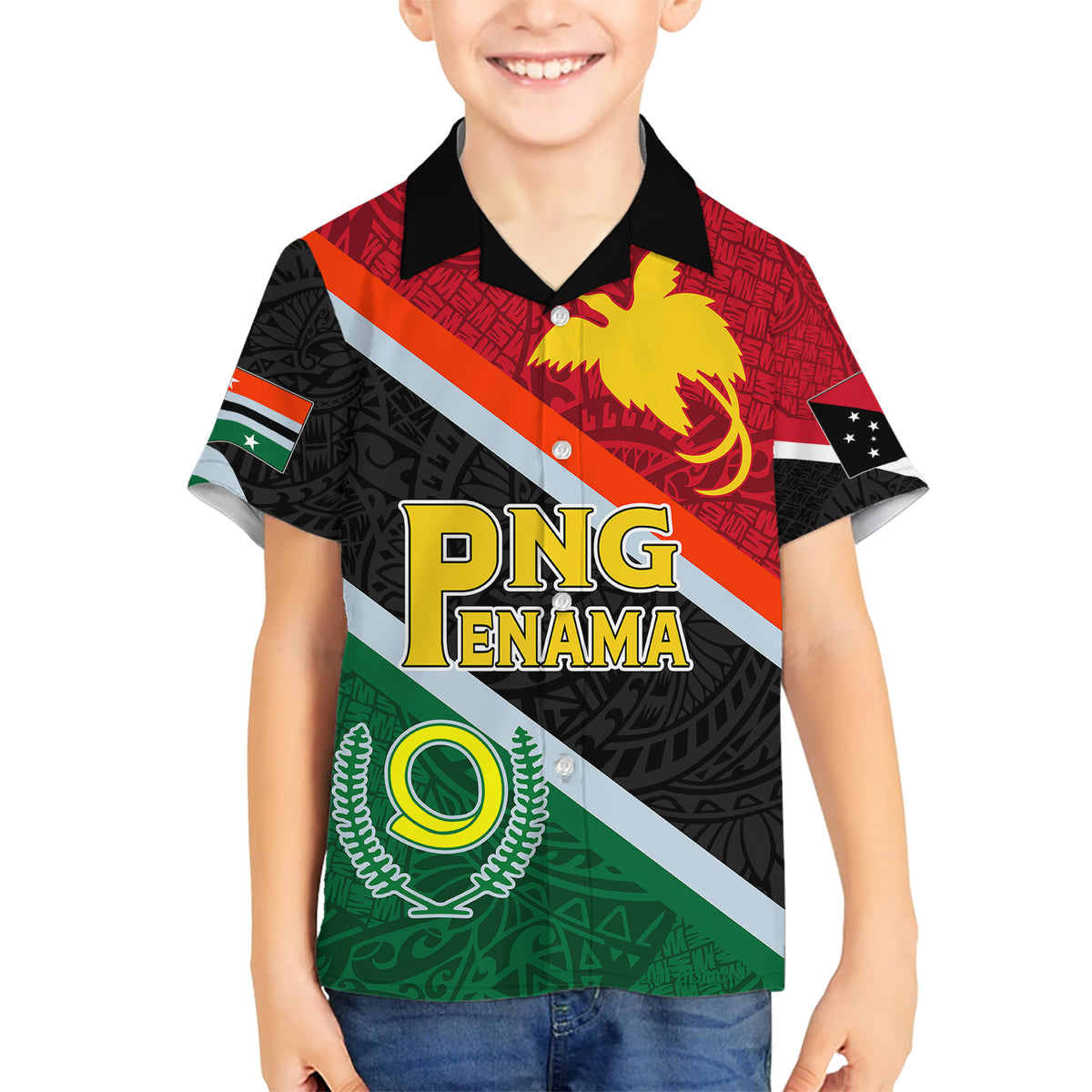 Personalised Penama and Papua New Guinea Day Family Matching Short Sleeve Bodycon Dress and Hawaiian Shirt Emblem Mix Style LT7 Son's Shirt Colorful - Polynesian Pride