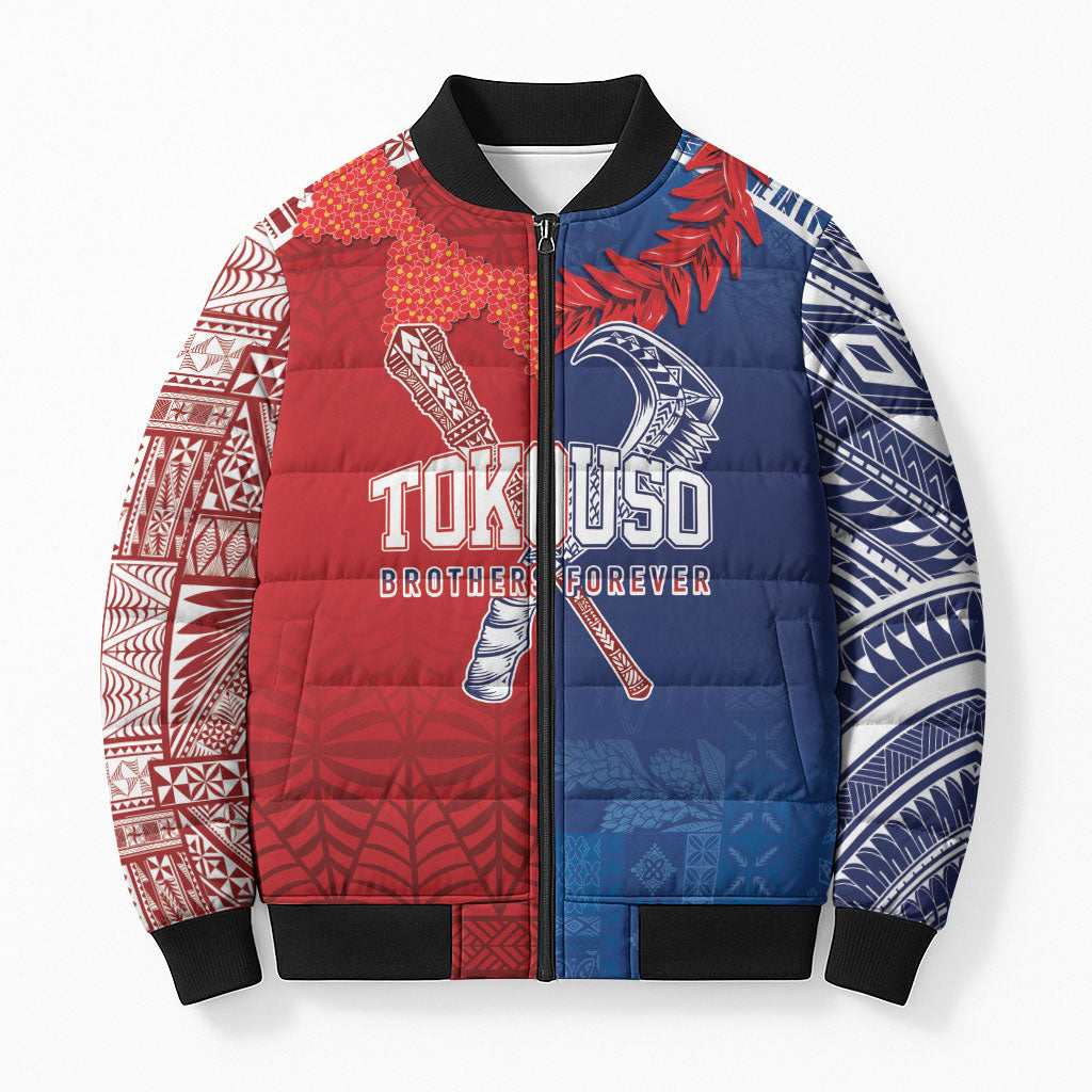 TokoUso Custom Tonga and Samoa Bomber Puffer Jacket Warriors War Clubs LT7 Unisex Blue Red - Polynesian Pride