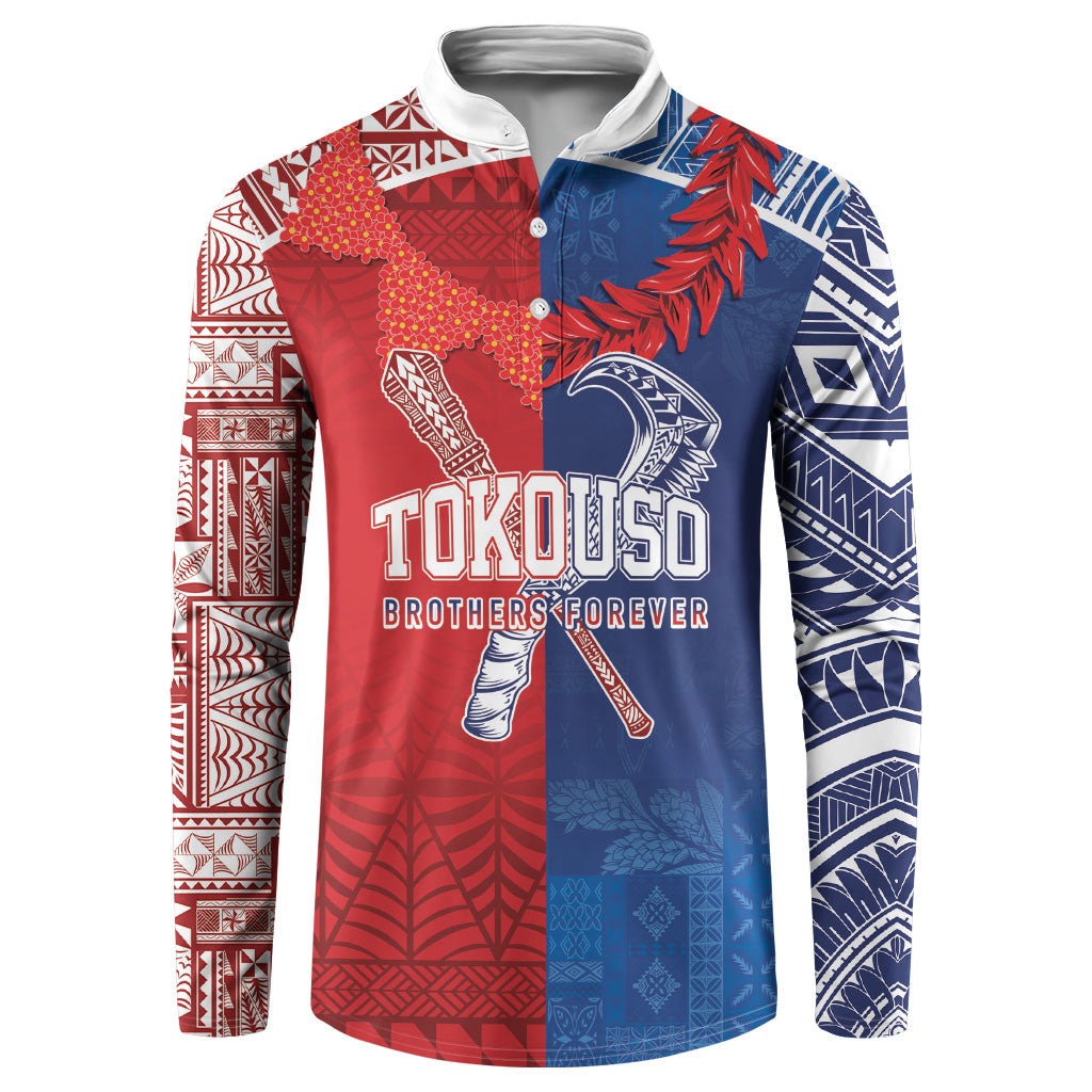 TokoUso Custom Tonga and Samoa Button Sweatshirt Warriors War Clubs LT7 Blue Red - Polynesian Pride