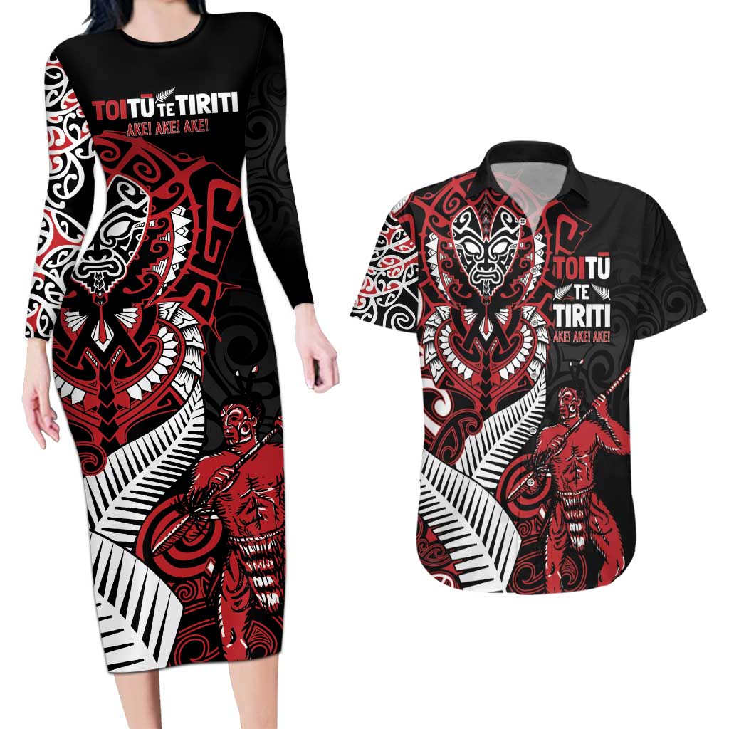 Aotearoa Toitu Te Tiriti Couples Matching Long Sleeve Bodycon Dress and Hawaiian Shirt Whakairo Wheku LT7 Black - Polynesian Pride