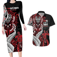 Aotearoa Toitu Te Tiriti Couples Matching Long Sleeve Bodycon Dress and Hawaiian Shirt Whakairo Wheku LT7 Black - Polynesian Pride