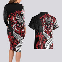 Aotearoa Toitu Te Tiriti Couples Matching Long Sleeve Bodycon Dress and Hawaiian Shirt Whakairo Wheku LT7 - Polynesian Pride