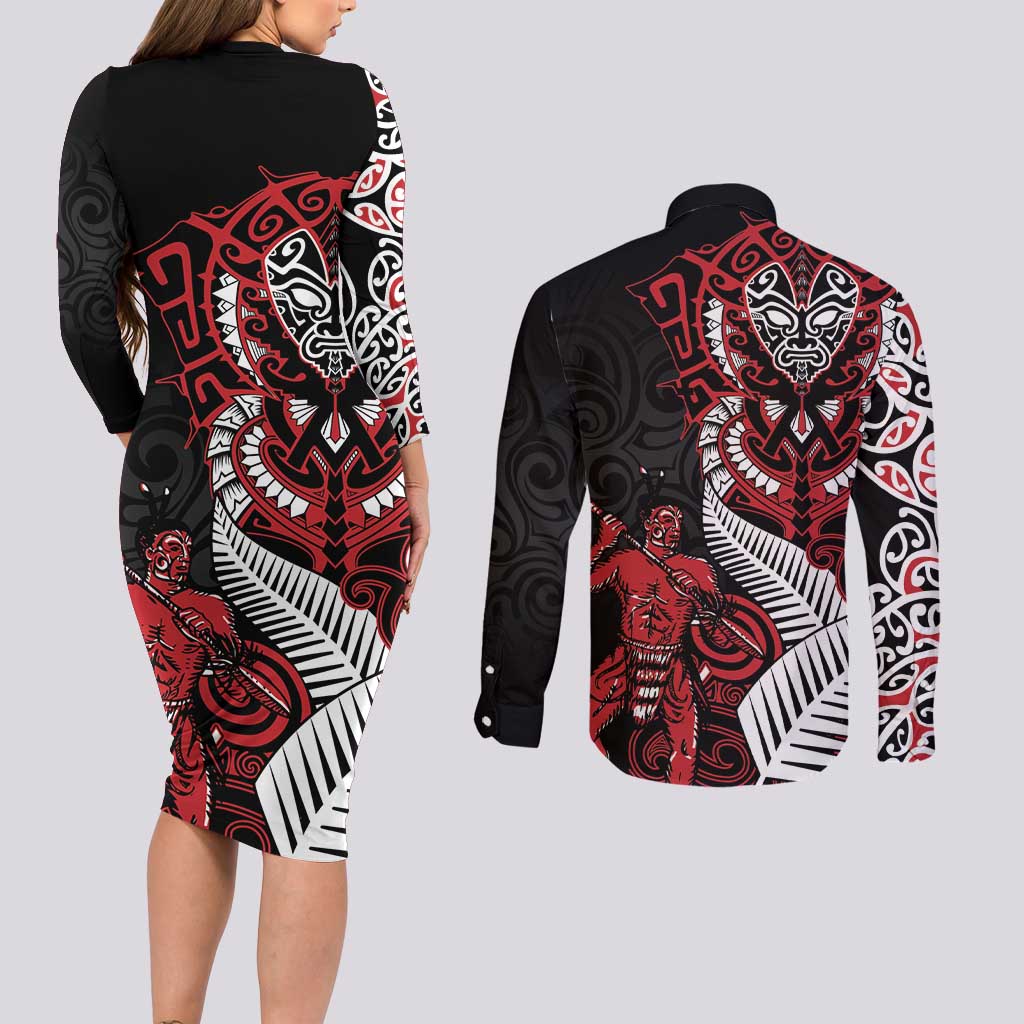 Aotearoa Toitu Te Tiriti Couples Matching Long Sleeve Bodycon Dress and Long Sleeve Button Shirt Whakairo Wheku