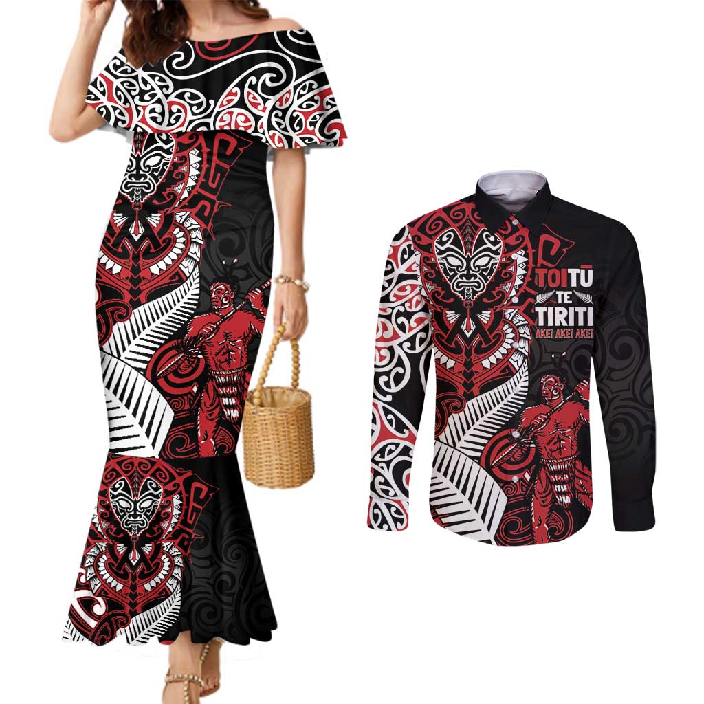 Aotearoa Toitu Te Tiriti Couples Matching Mermaid Dress and Long Sleeve Button Shirt Whakairo Wheku