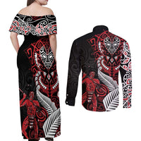 Aotearoa Toitu Te Tiriti Couples Matching Off Shoulder Maxi Dress and Long Sleeve Button Shirt Whakairo Wheku