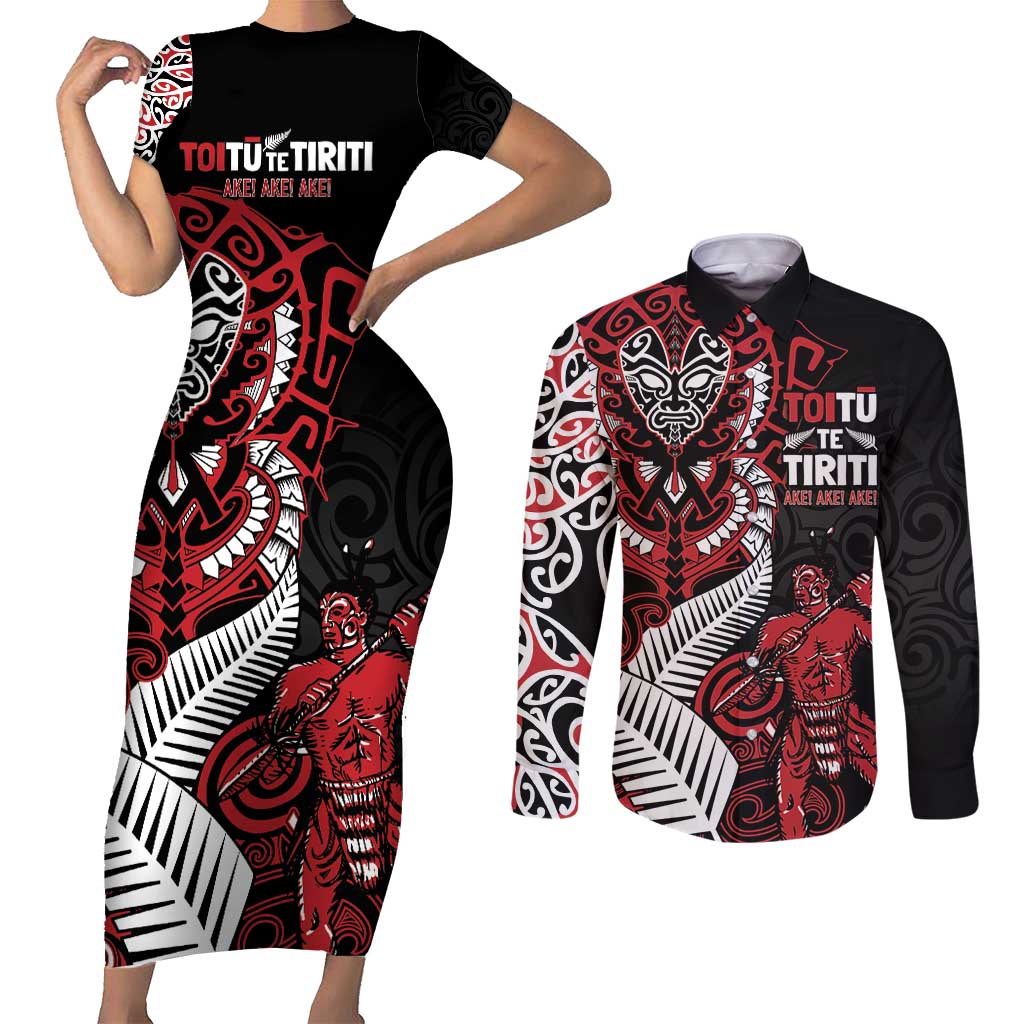 Aotearoa Toitu Te Tiriti Couples Matching Short Sleeve Bodycon Dress and Long Sleeve Button Shirt Whakairo Wheku