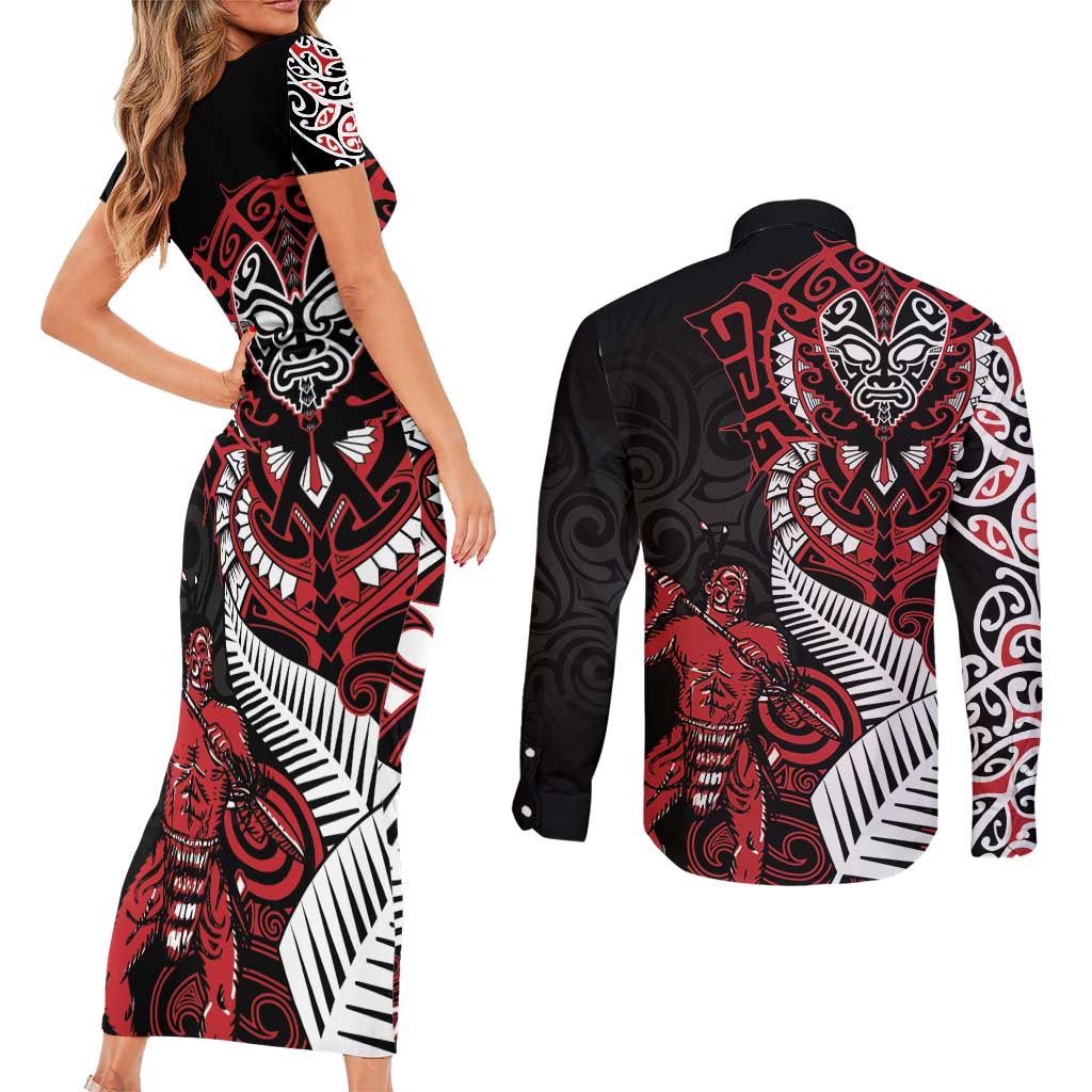 Aotearoa Toitu Te Tiriti Couples Matching Short Sleeve Bodycon Dress and Long Sleeve Button Shirt Whakairo Wheku