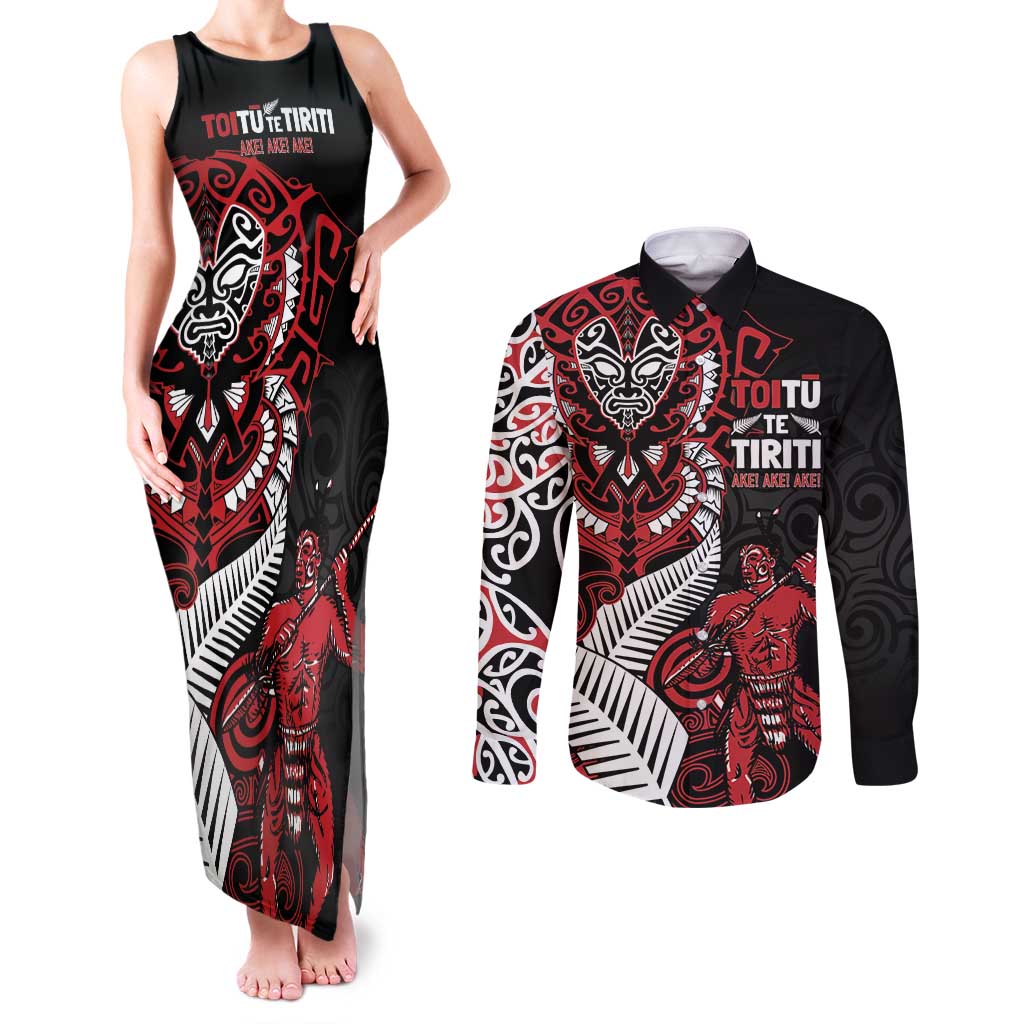 Aotearoa Toitu Te Tiriti Couples Matching Tank Maxi Dress and Long Sleeve Button Shirt Whakairo Wheku