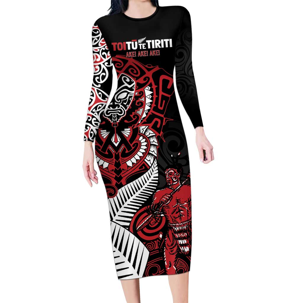 Aotearoa Toitu Te Tiriti Family Matching Long Sleeve Bodycon Dress and Hawaiian Shirt Whakairo Wheku LT7 Mom's Dress Black - Polynesian Pride