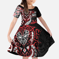 Aotearoa Toitu Te Tiriti Family Matching Off The Shoulder Long Sleeve Dress and Hawaiian Shirt Whakairo Wheku LT7 Daughter's Dress Black - Polynesian Pride