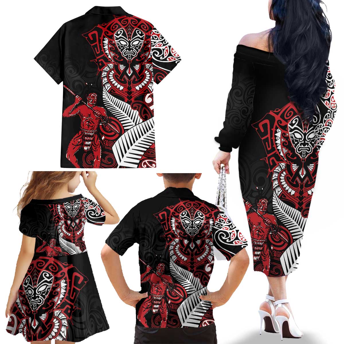 Aotearoa Toitu Te Tiriti Family Matching Off The Shoulder Long Sleeve Dress and Hawaiian Shirt Whakairo Wheku LT7 - Polynesian Pride