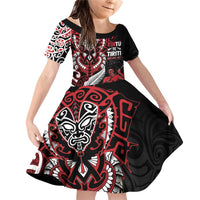 Aotearoa Toitu Te Tiriti Family Matching Off Shoulder Short Dress and Hawaiian Shirt Whakairo Wheku LT7 Daughter's Dress Black - Polynesian Pride