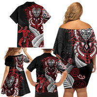 Aotearoa Toitu Te Tiriti Family Matching Off Shoulder Short Dress and Hawaiian Shirt Whakairo Wheku LT7 - Polynesian Pride