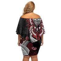 Aotearoa Toitu Te Tiriti Family Matching Off Shoulder Short Dress and Hawaiian Shirt Whakairo Wheku LT7 - Polynesian Pride