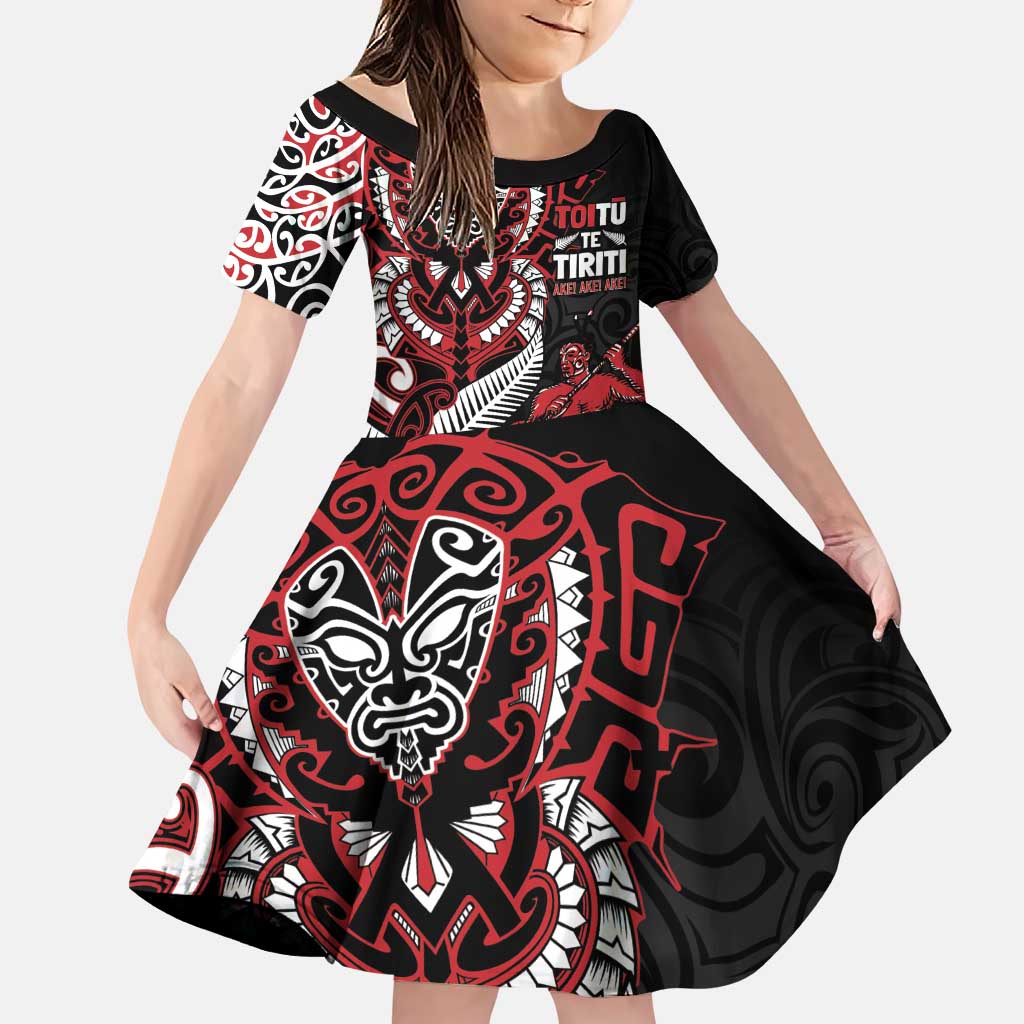 Aotearoa Toitu Te Tiriti Family Matching Puletasi and Hawaiian Shirt Whakairo Wheku LT7 Daughter's Dress Black - Polynesian Pride