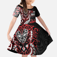 Aotearoa Toitu Te Tiriti Family Matching Short Sleeve Bodycon Dress and Hawaiian Shirt Whakairo Wheku LT7 Daughter's Dress Black - Polynesian Pride