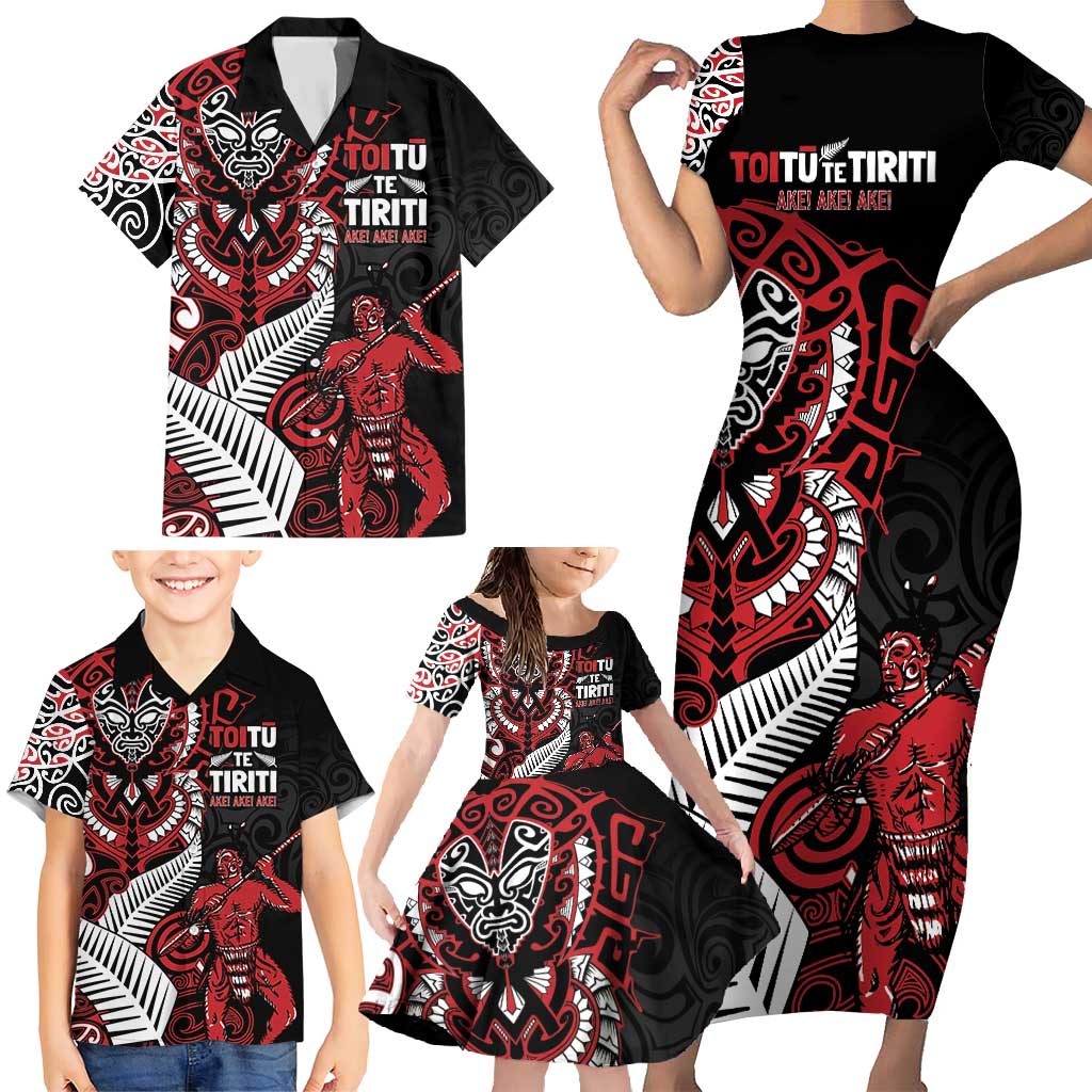 Aotearoa Toitu Te Tiriti Family Matching Short Sleeve Bodycon Dress and Hawaiian Shirt Whakairo Wheku LT7 - Polynesian Pride