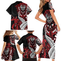 Aotearoa Toitu Te Tiriti Family Matching Short Sleeve Bodycon Dress and Hawaiian Shirt Whakairo Wheku LT7 - Polynesian Pride