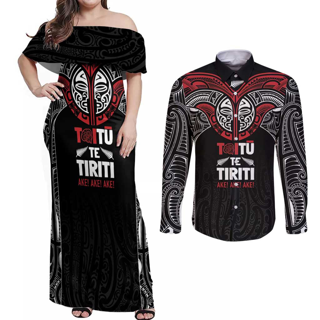 Aotearoa Maori Personalized Couples Matching Off Shoulder Maxi Dress and Long Sleeve Button Shirt Toitu Te Tiriti Ake! Ake! Ake!