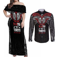 Aotearoa Maori Personalized Couples Matching Off Shoulder Maxi Dress and Long Sleeve Button Shirt Toitu Te Tiriti Ake! Ake! Ake!