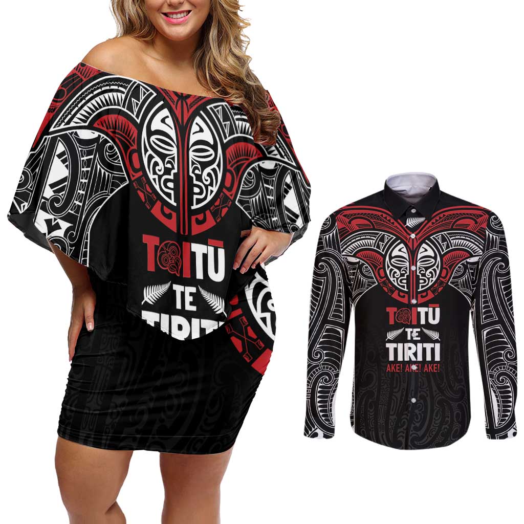 Aotearoa Maori Personalized Couples Matching Off Shoulder Short Dress and Long Sleeve Button Shirt Toitu Te Tiriti Ake! Ake! Ake!