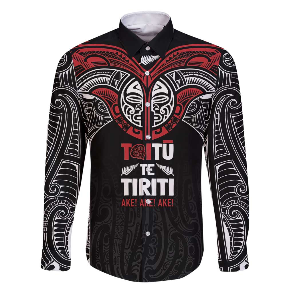 Aotearoa Maori Personalized Family Matching Mermaid Dress and Hawaiian Shirt Toitu Te Tiriti Ake! Ake! Ake! LT7 Dad's Shirt - Long Sleeve Black - Polynesian Pride