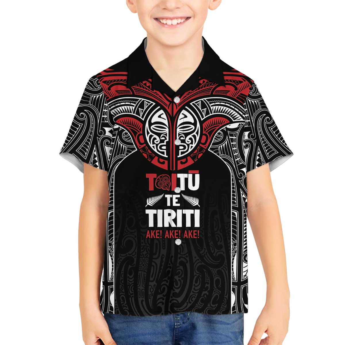 Aotearoa Maori Personalized Family Matching Off The Shoulder Long Sleeve Dress and Hawaiian Shirt Toitu Te Tiriti Ake! Ake! Ake! LT7 Son's Shirt Black - Polynesian Pride