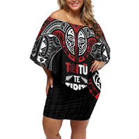 Aotearoa Maori Personalized Family Matching Off Shoulder Short Dress and Hawaiian Shirt Toitu Te Tiriti Ake! Ake! Ake! LT7 Mom's Dress Black - Polynesian Pride