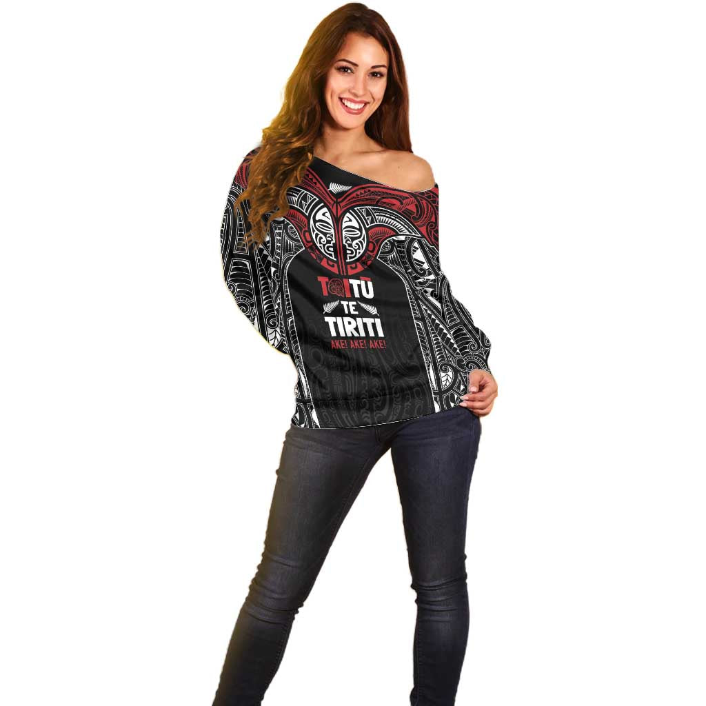 Aotearoa Maori Personalized Off Shoulder Sweater Toitu Te Tiriti Ake! Ake! Ake!