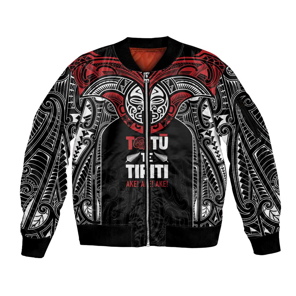 Aotearoa Maori Personalized Sleeve Zip Bomber Jacket Toitu Te Tiriti Ake! Ake! Ake!
