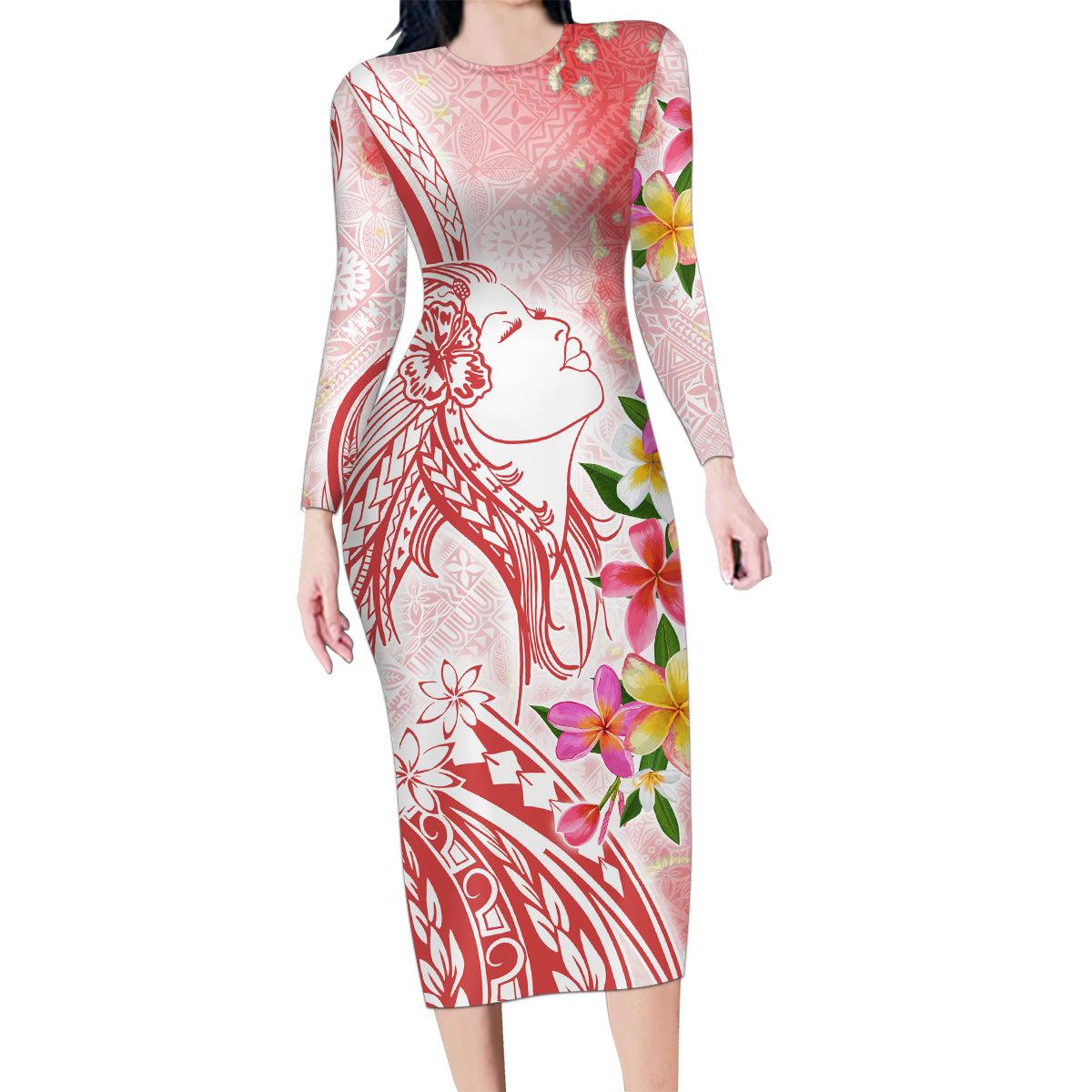 Polynesian Women's Day Wahine Family Matching Long Sleeve Bodycon Dress and Hawaiian Shirt Plumeria Marble Glaze - Pink LT7 Mom's Dress Pink - Polynesian Pride