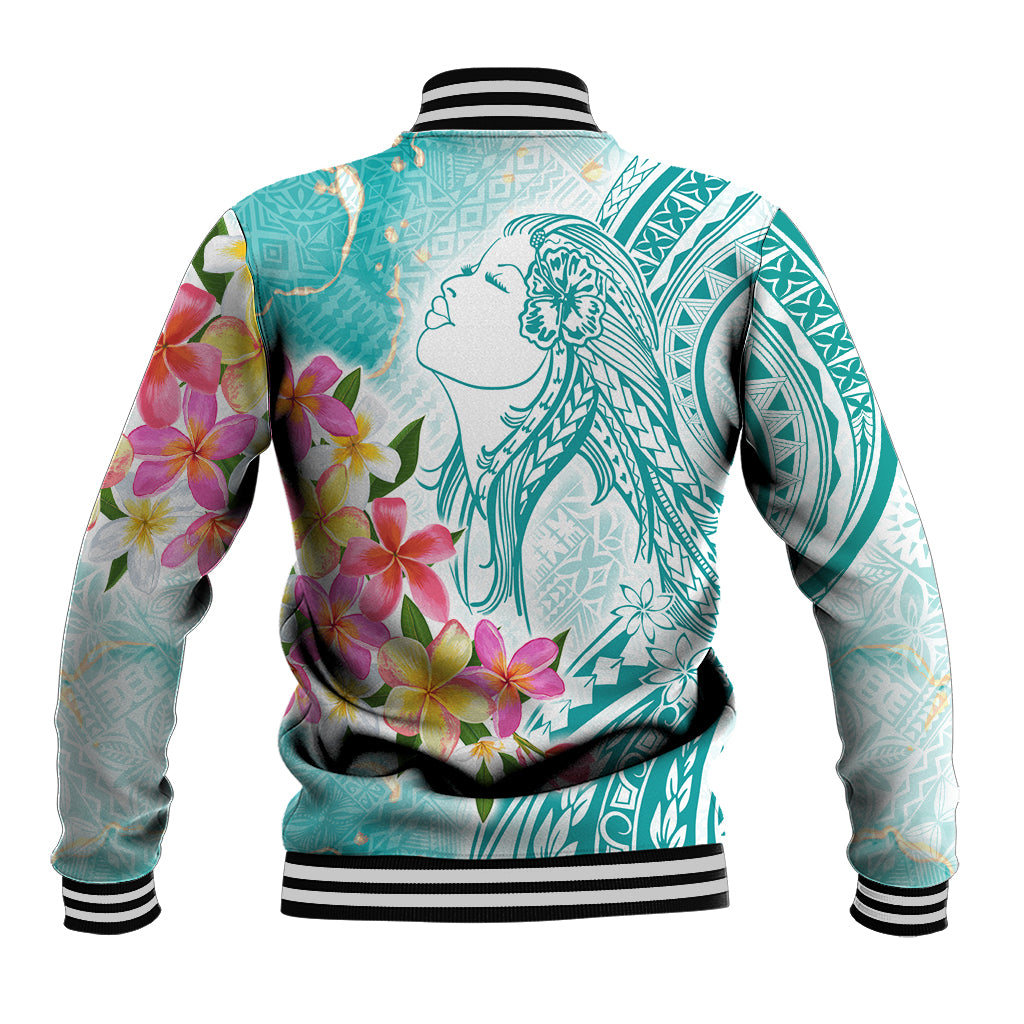 Polynesian Women's Day Wahine Baseball Jacket Plumeria Marble Glaze - Teal LT7 - Polynesian Pride