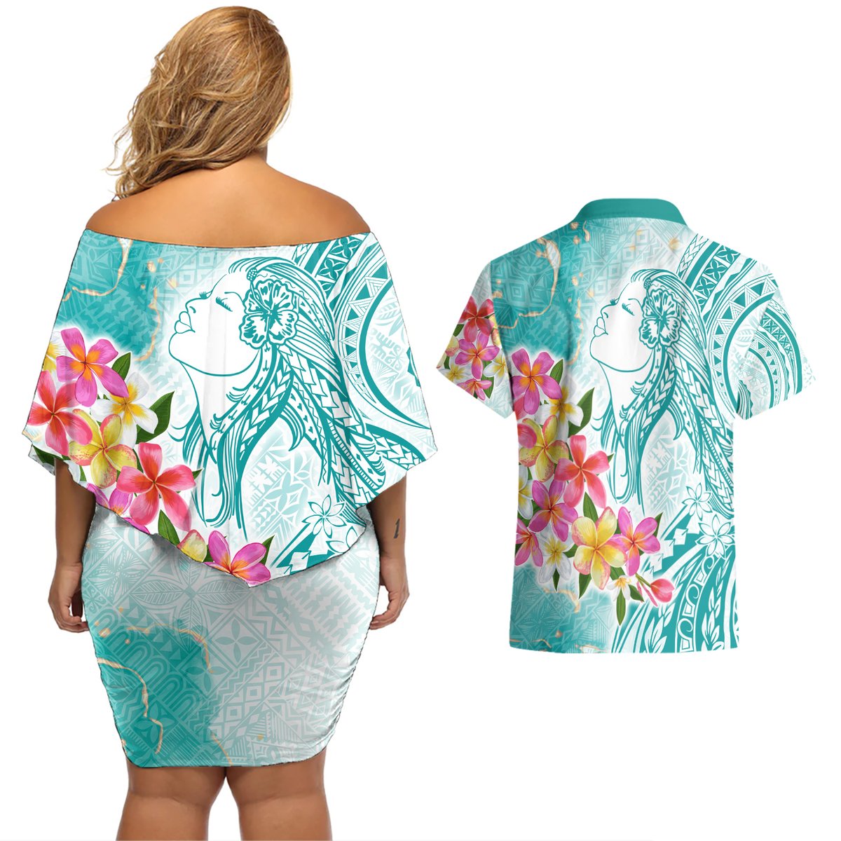 Polynesian Women's Day Wahine Couples Matching Off Shoulder Short Dress and Hawaiian Shirt Plumeria Marble Glaze - Teal LT7 - Polynesian Pride