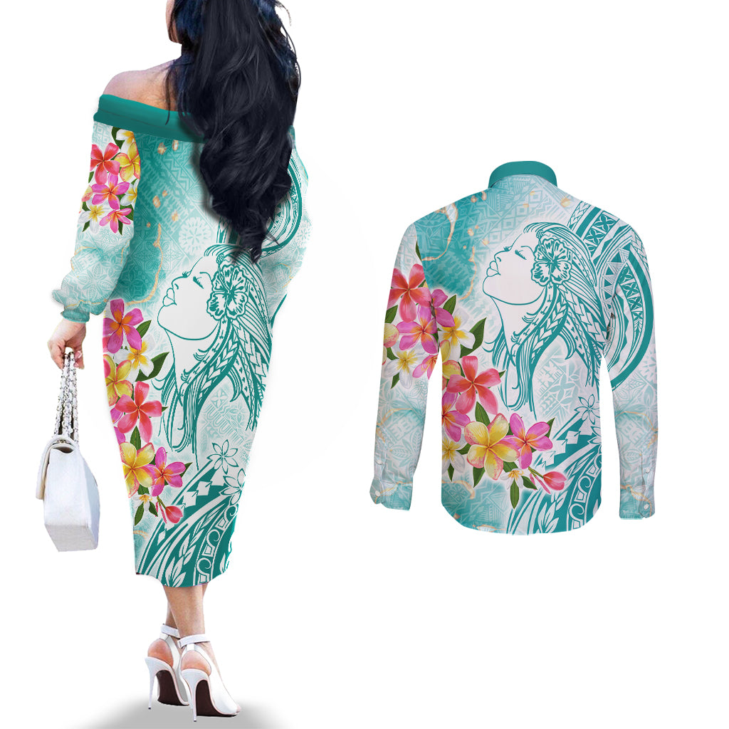 Polynesian Women's Day Wahine Couples Matching Off The Shoulder Long Sleeve Dress and Long Sleeve Button Shirt Plumeria Marble Glaze - Teal LT7 - Polynesian Pride