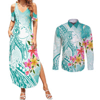 Polynesian Women's Day Wahine Couples Matching Summer Maxi Dress and Long Sleeve Button Shirt Plumeria Marble Glaze - Teal LT7 Teal - Polynesian Pride