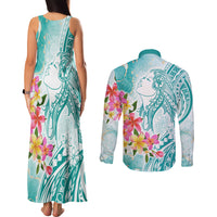 Polynesian Women's Day Wahine Couples Matching Tank Maxi Dress and Long Sleeve Button Shirt Plumeria Marble Glaze - Teal LT7 - Polynesian Pride
