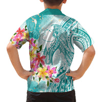 Polynesian Women's Day Wahine Family Matching Off Shoulder Long Sleeve Dress and Hawaiian Shirt Plumeria Marble Glaze - Teal LT7 - Polynesian Pride