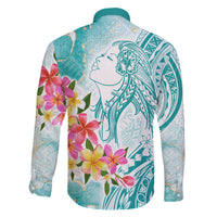 Polynesian Women's Day Wahine Family Matching Off Shoulder Long Sleeve Dress and Hawaiian Shirt Plumeria Marble Glaze - Teal LT7 - Polynesian Pride