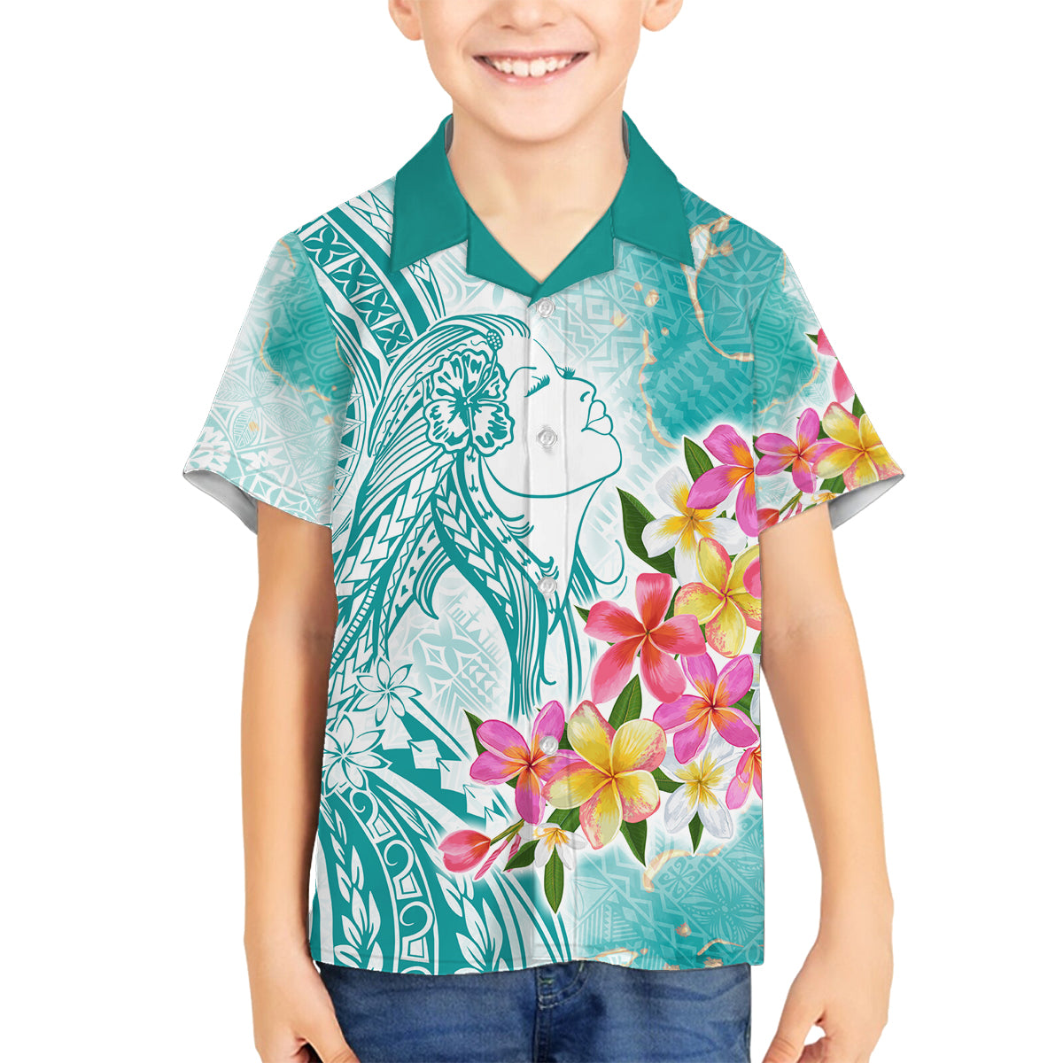 Polynesian Women's Day Wahine Family Matching Off Shoulder Long Sleeve Dress and Hawaiian Shirt Plumeria Marble Glaze - Teal LT7 Son's Shirt Teal - Polynesian Pride