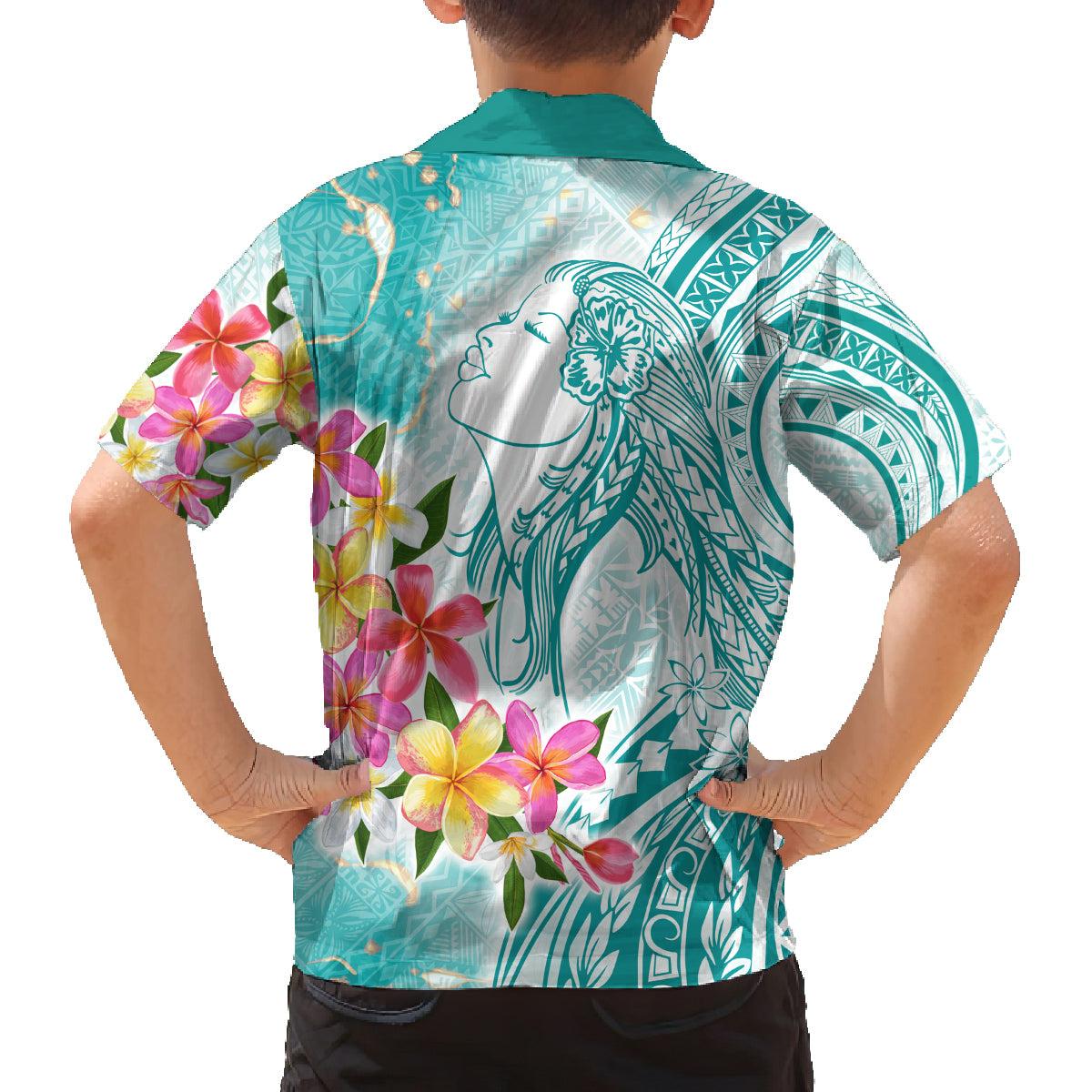 Polynesian Women's Day Wahine Family Matching Puletasi and Hawaiian Shirt Plumeria Marble Glaze - Teal LT7 - Polynesian Pride