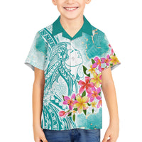Polynesian Women's Day Wahine Family Matching Tank Maxi Dress and Hawaiian Shirt Plumeria Marble Glaze - Teal LT7 Son's Shirt Teal - Polynesian Pride
