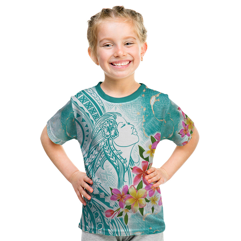 Polynesian Women's Day Wahine Kid T Shirt Plumeria Marble Glaze - Teal LT7 Teal - Polynesian Pride